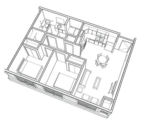 Floor plan for 2 beds, 852 sqft